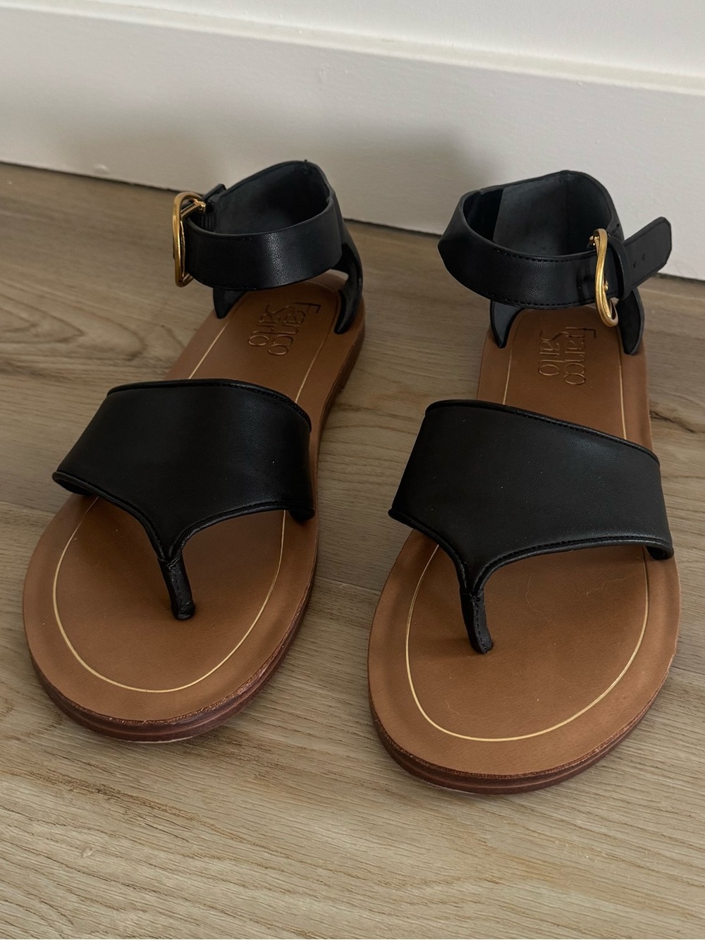 Franco Sarto Black Leather Ankle-Strap Sandals | Size 6.5